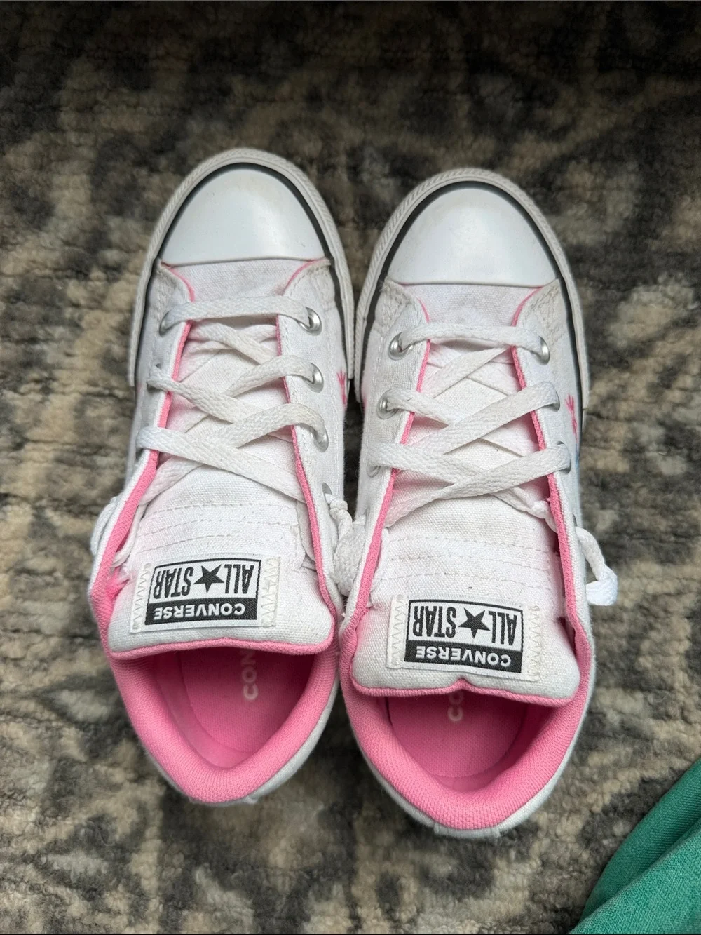 Converse White Low Top Sneakers with Pink Lining and Multicolor Flower Accents